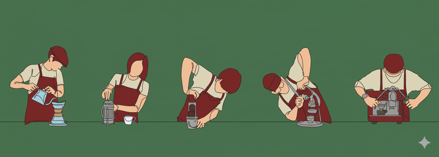 Illustrated baristas demonstrating different rooibos brewing methods