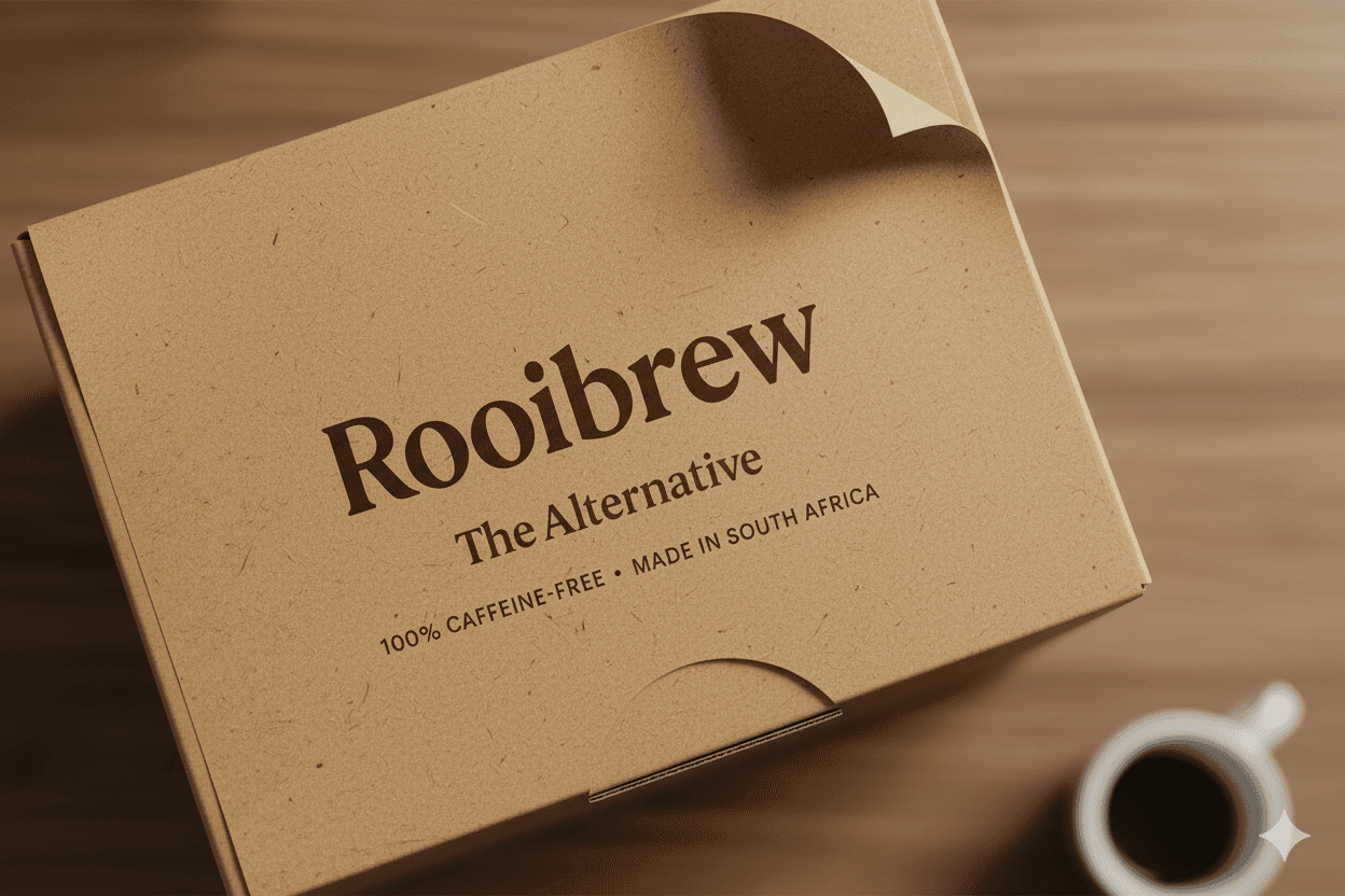 Rooibrew packaging box with a cup of rooibos espresso