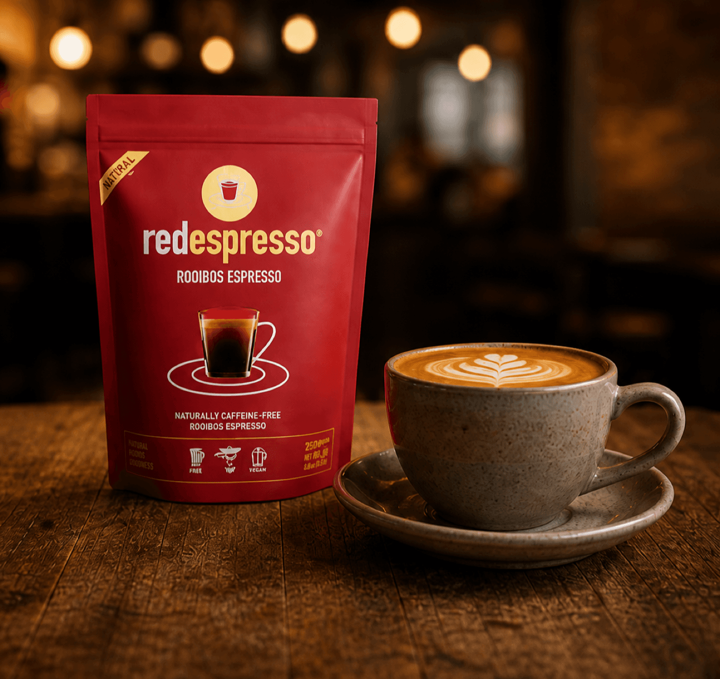 Red espresso rooibos pouch beside a latte on a warm wooden café counter
