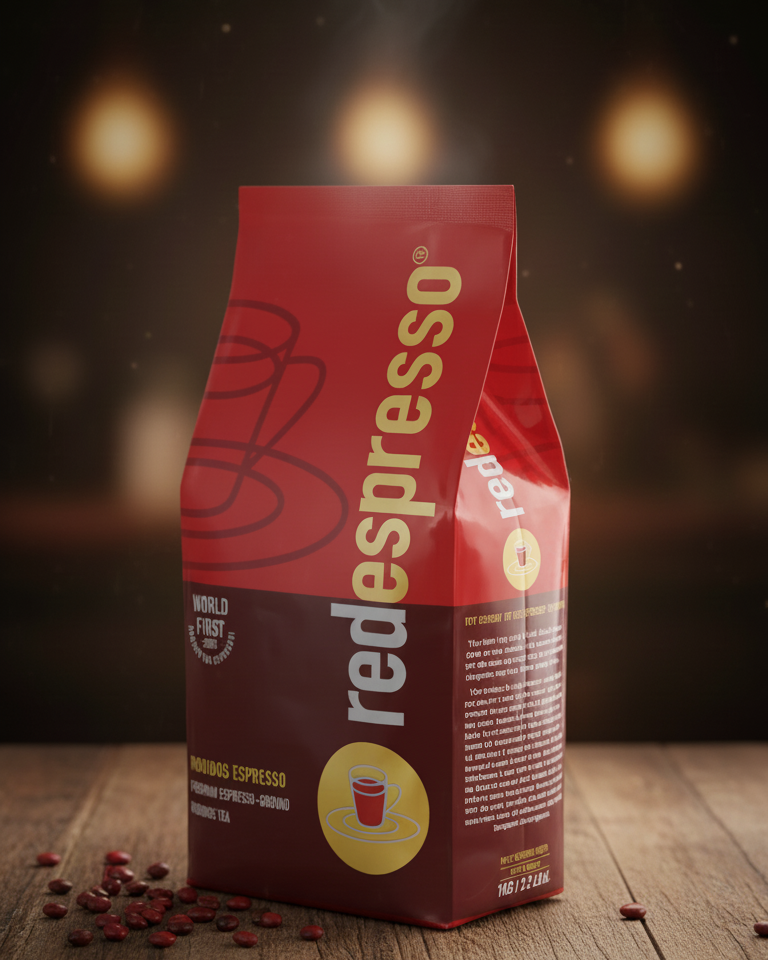 Red espresso coffee bag with steam on a wooden surface