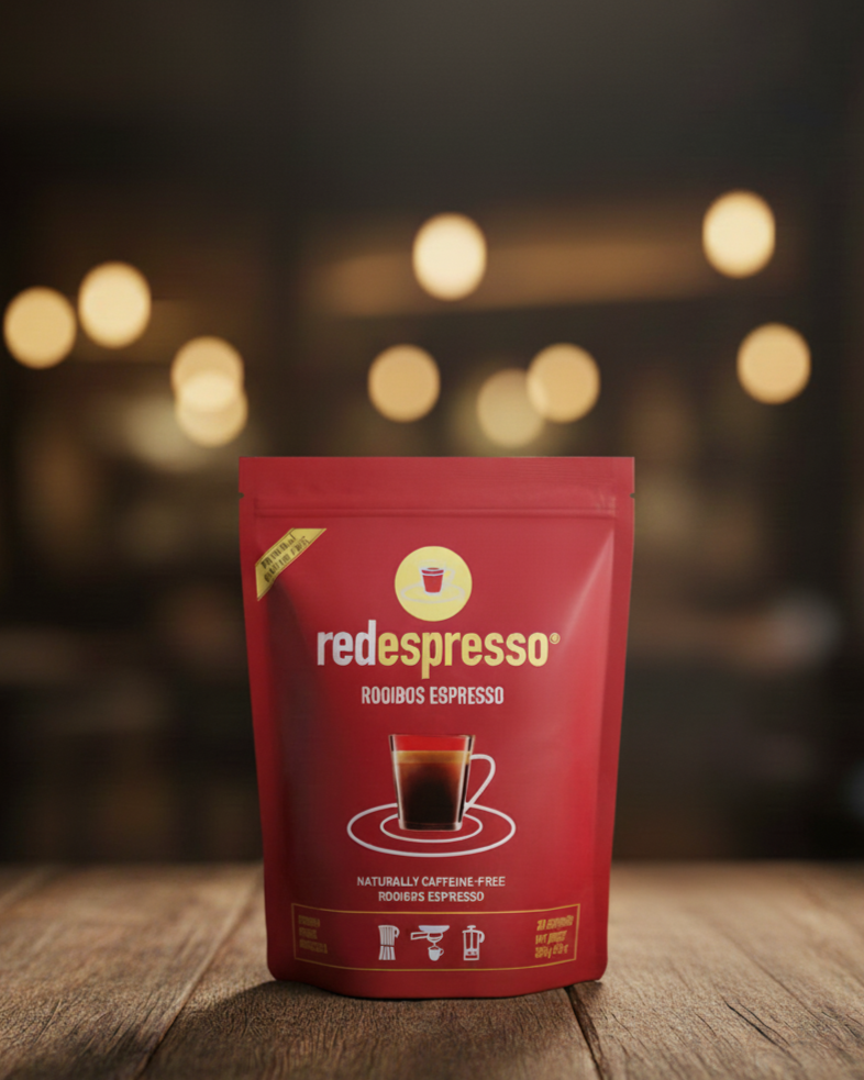 Red espresso coffee package on a wooden surface with a blurred background